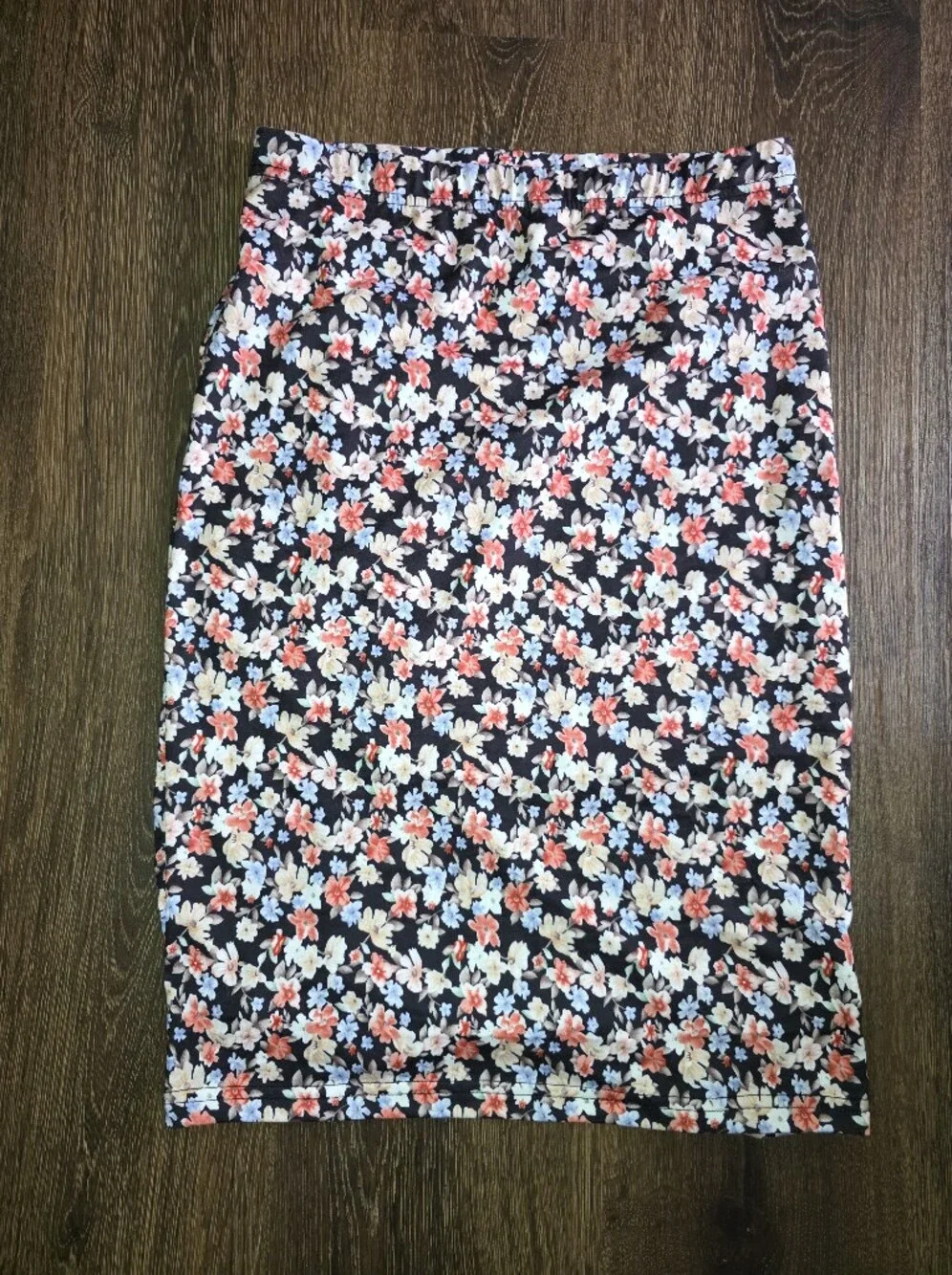 SHEIN Black Floral Midi Skirt with Pink & Cream Blossoms
